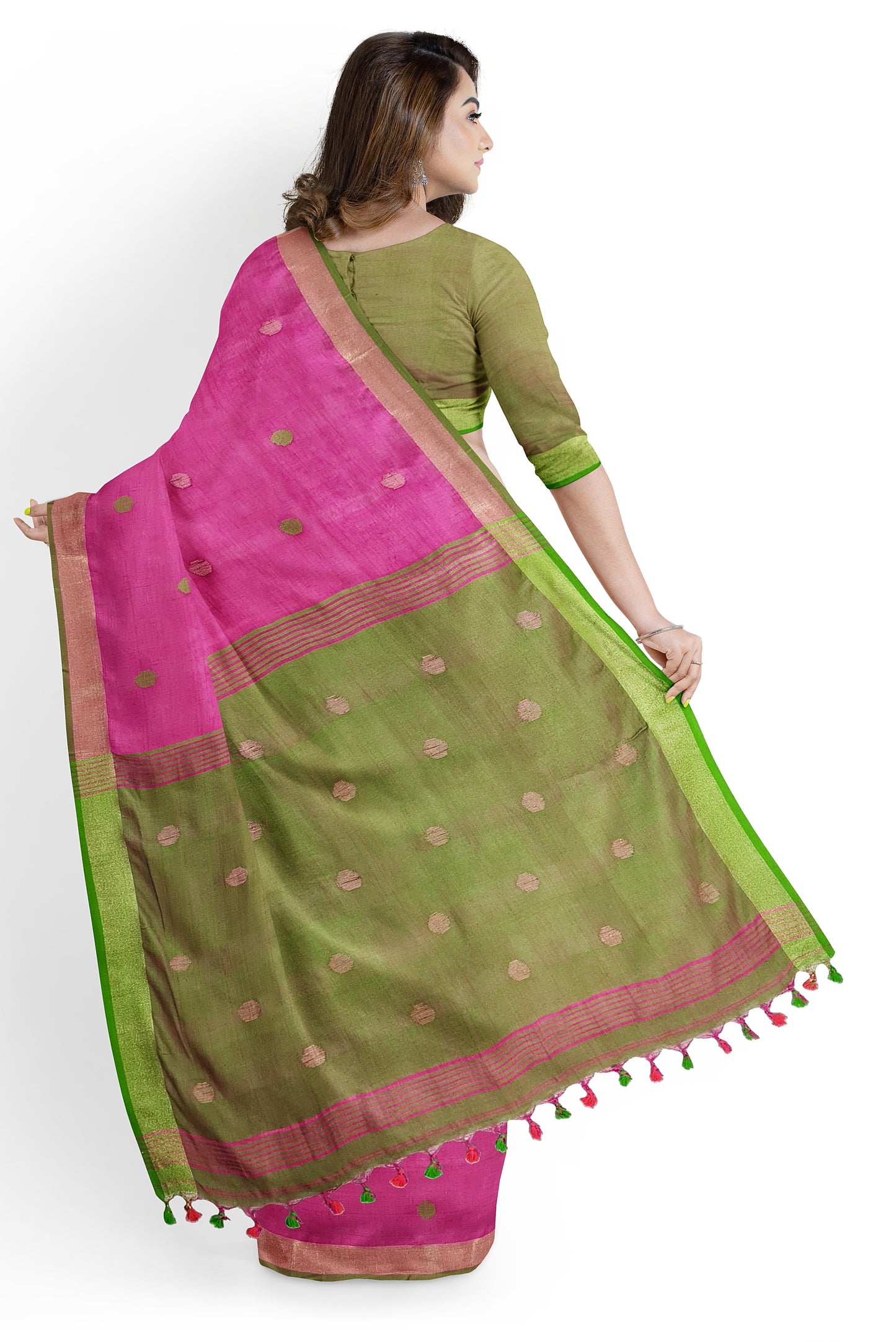 Artisan Woven Linen Saree by Moitreyee – Dual-Tone Grace in Pink & Green