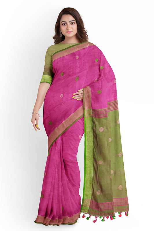 Artisan Woven Linen Saree by Moitreyee – Dual-Tone Grace in Pink & Green