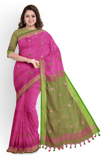 Artisan Woven Linen Saree by Moitreyee – Dual-Tone Grace in Pink & Green