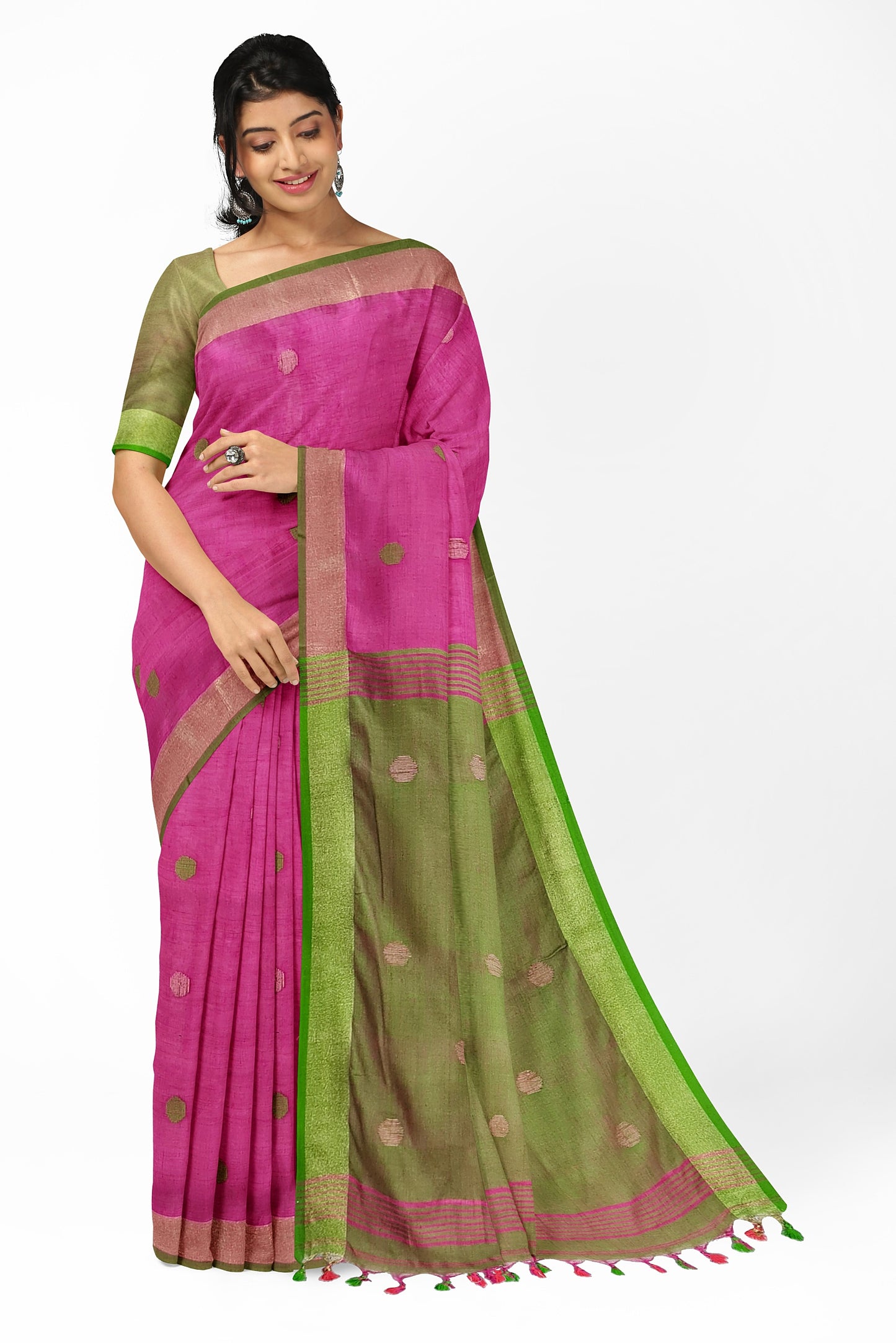Artisan Woven Linen Saree by Moitreyee – Dual-Tone Grace in Pink & Green