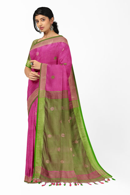 Artisan Woven Linen Saree by Moitreyee – Dual-Tone Grace in Pink & Green