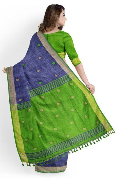 Moitreyee Blue & Green Linen Handloom Saree