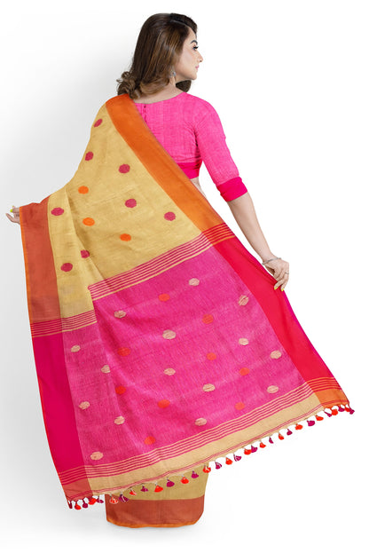 Moitreyee Golden and Pink Linen Handloom Saree