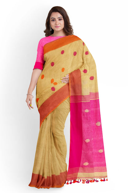 Moitreyee Golden and Pink Linen Handloom Saree