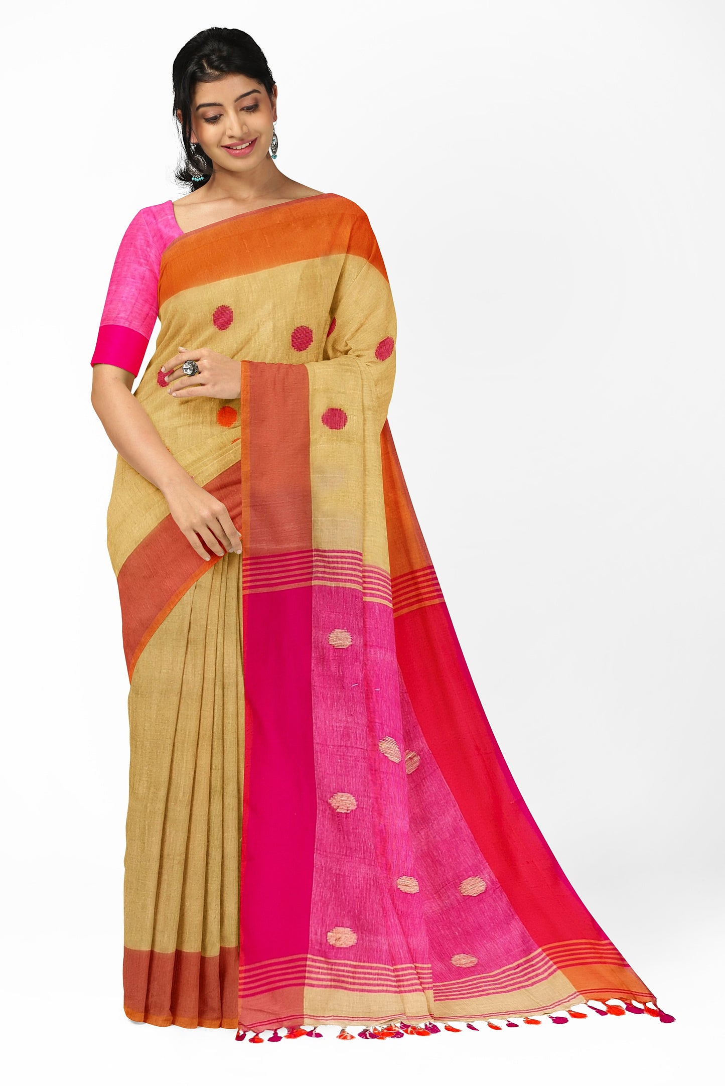 Moitreyee Golden and Pink Linen Handloom Saree