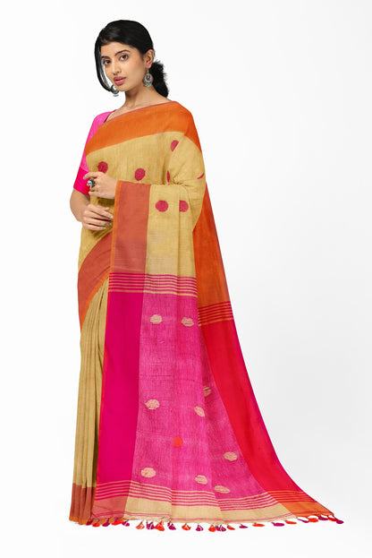 Moitreyee Golden and Pink Linen Handloom Saree