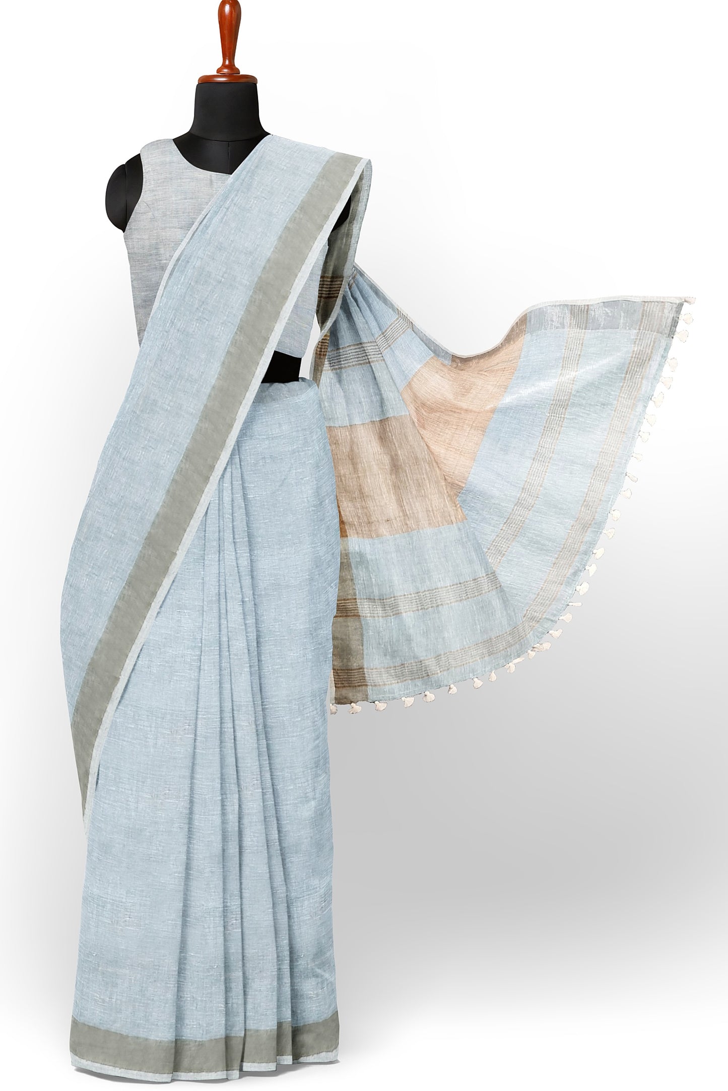 Sky Blue & Gold Par Linen Saree by Moitreyee – Handwoven Bengal Heritage
