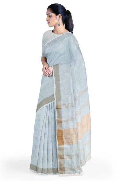 Sky Blue & Gold Par Linen Saree by Moitreyee – Handwoven Bengal Heritage