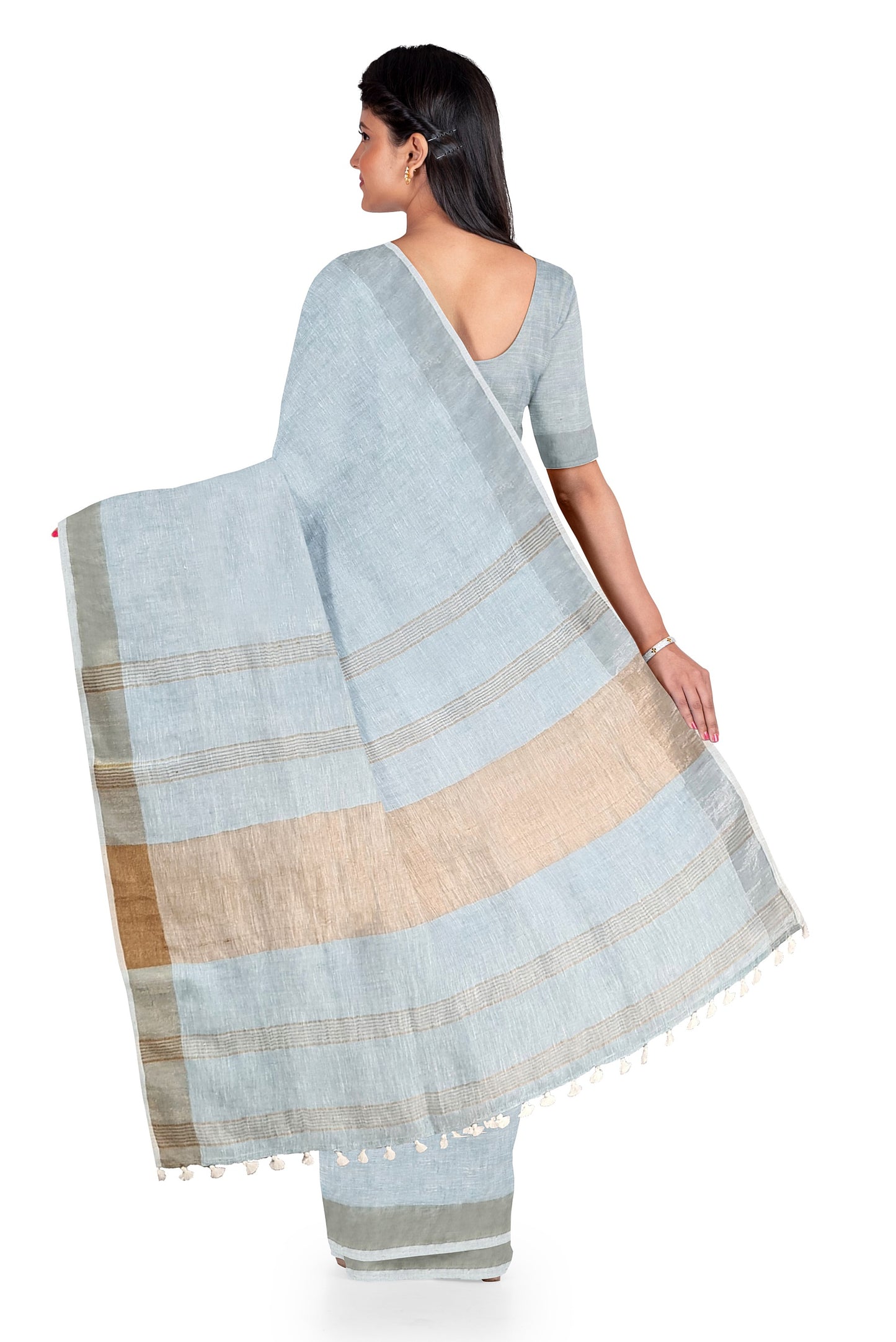 Sky Blue & Gold Par Linen Saree by Moitreyee – Handwoven Bengal Heritage