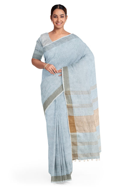Sky Blue & Gold Par Linen Saree by Moitreyee – Handwoven Bengal Heritage