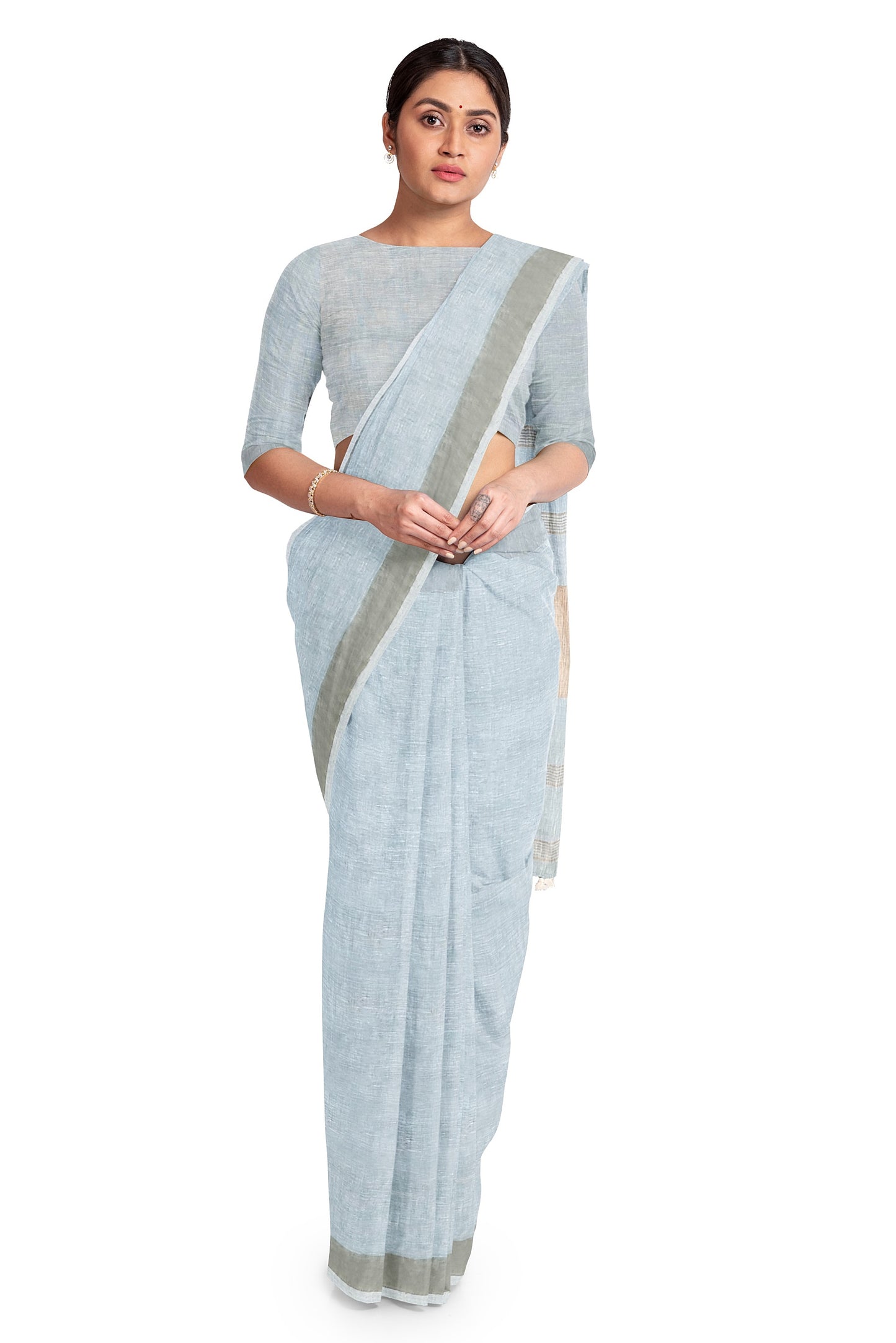 Sky Blue & Gold Par Linen Saree by Moitreyee – Handwoven Bengal Heritage