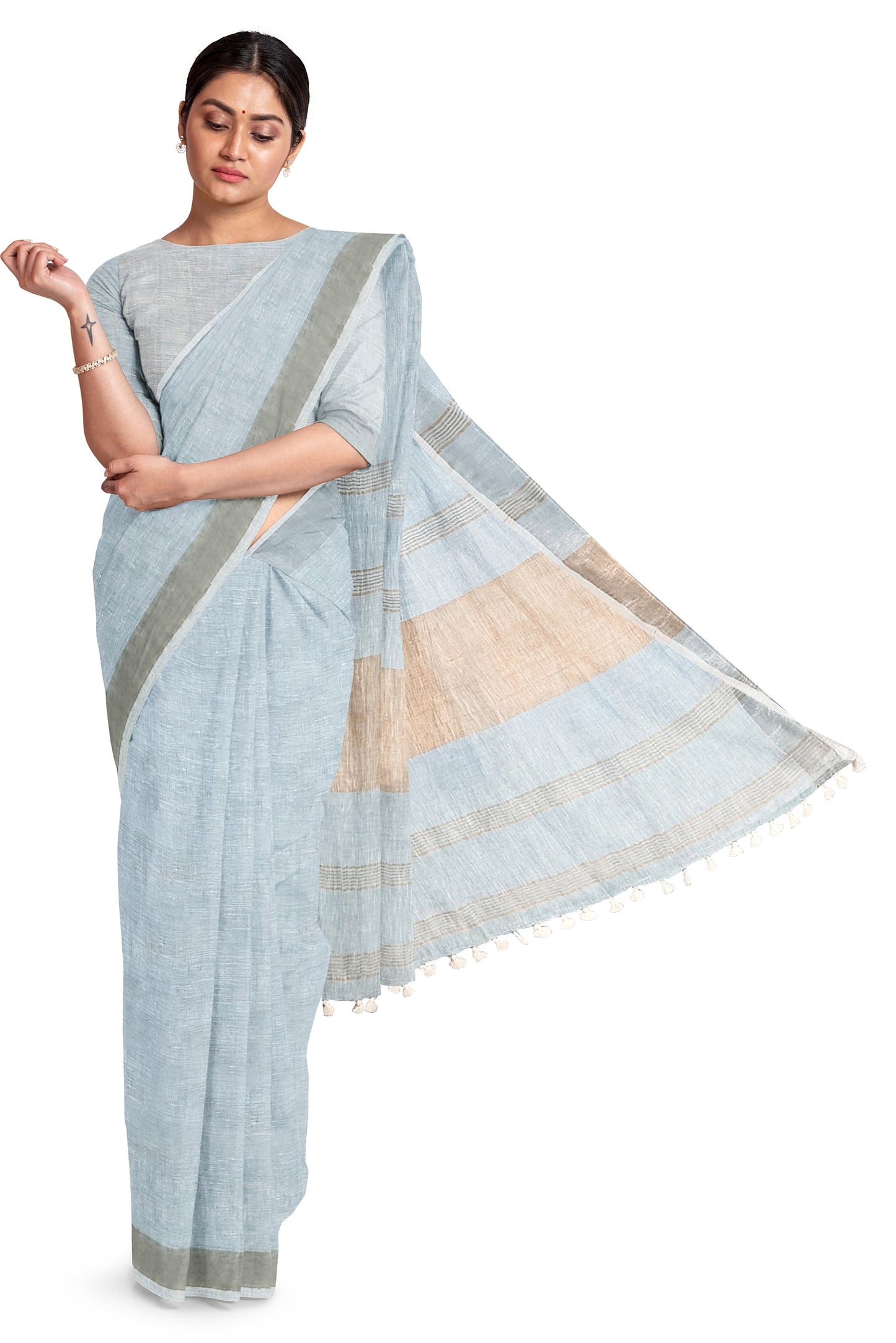 Sky Blue & Gold Par Linen Saree by Moitreyee – Handwoven Bengal Heritage