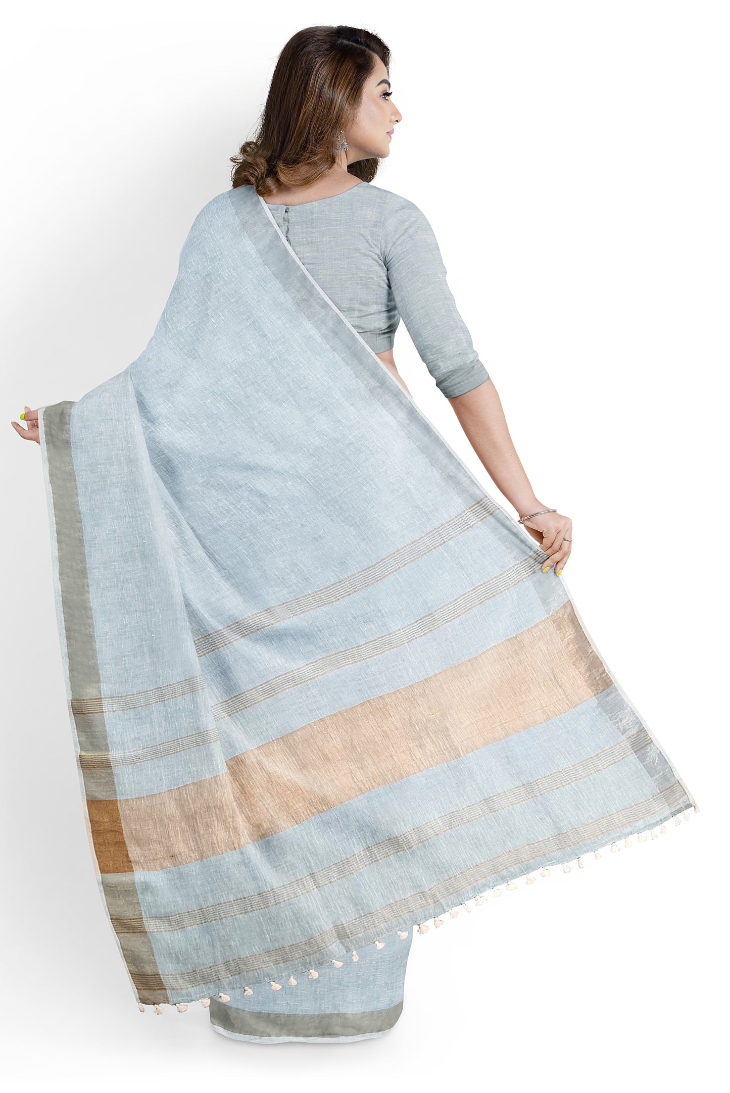 Sky Blue & Gold Par Linen Saree by Moitreyee – Handwoven Bengal Heritage