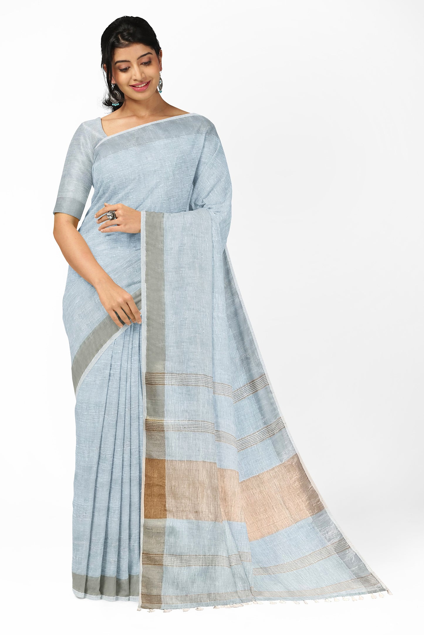 Sky Blue & Gold Par Linen Saree by Moitreyee – Handwoven Bengal Heritage