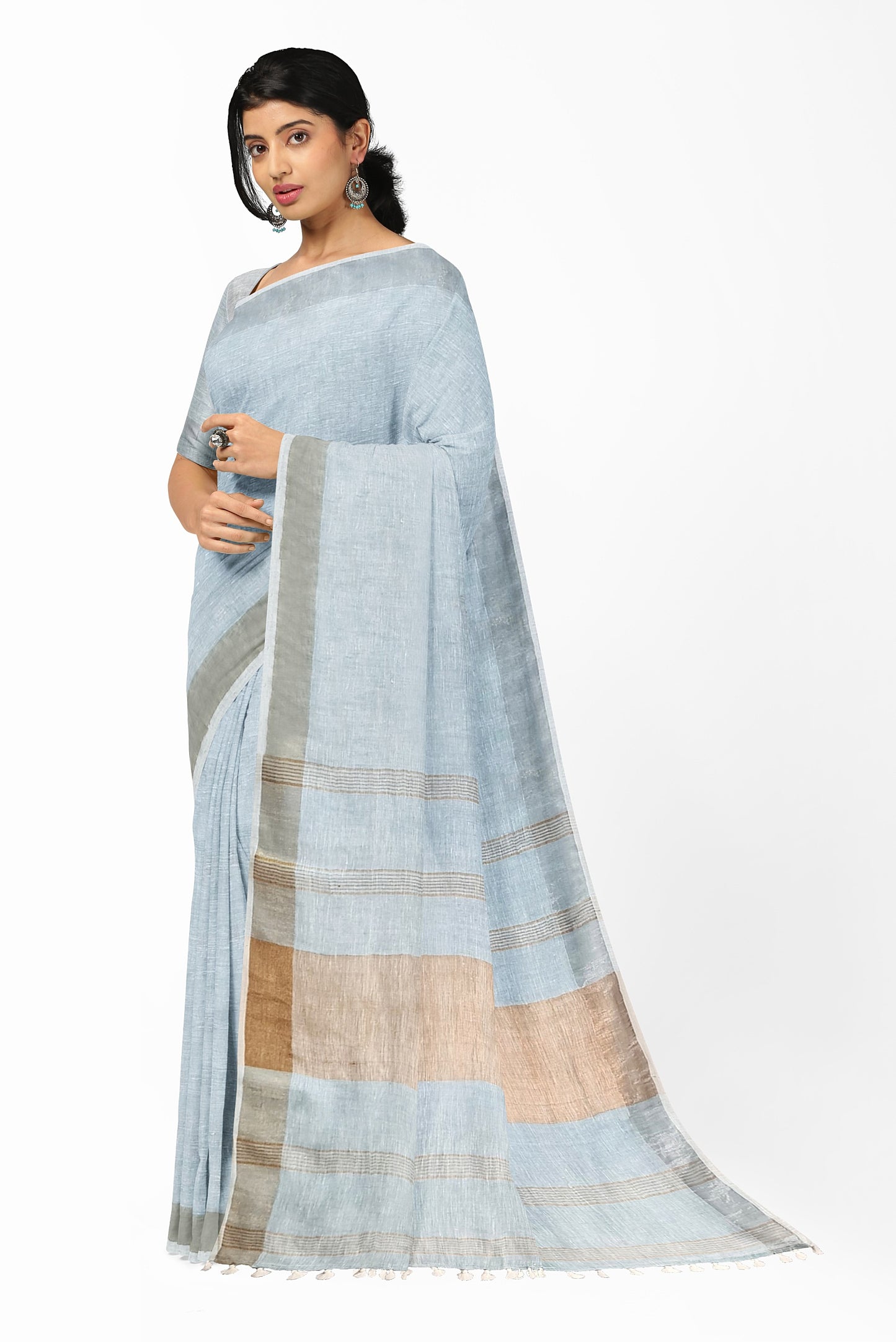 Sky Blue & Gold Par Linen Saree by Moitreyee – Handwoven Bengal Heritage