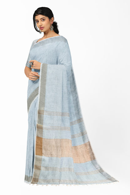 Sky Blue & Gold Par Linen Saree by Moitreyee – Handwoven Bengal Heritage