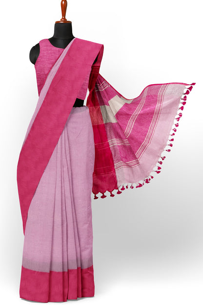 Dual-Tone Pink Linen Saree by Moitreyee – Handwoven with Par Border Detailing