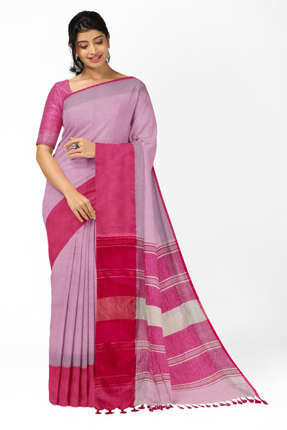 Dual-Tone Pink Linen Saree by Moitreyee – Handwoven with Par Border Detailing