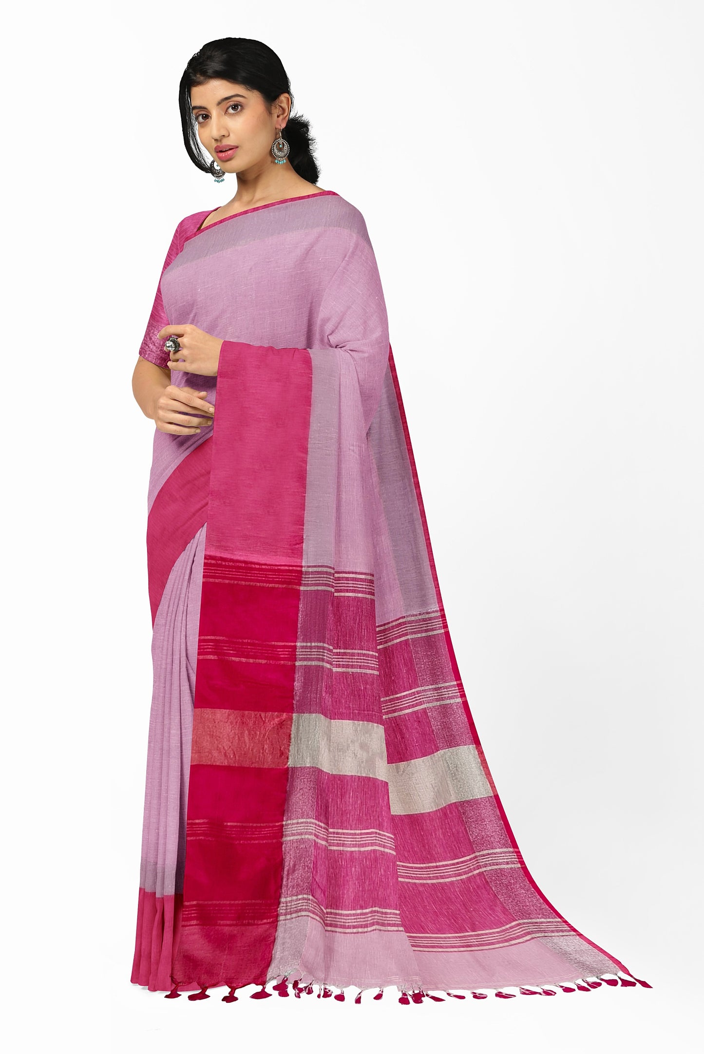 Dual-Tone Pink Linen Saree by Moitreyee – Handwoven with Par Border Detailing