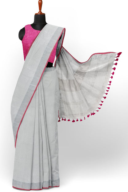 White & Silver Linen Handloom Saree – Moitreyee Collection