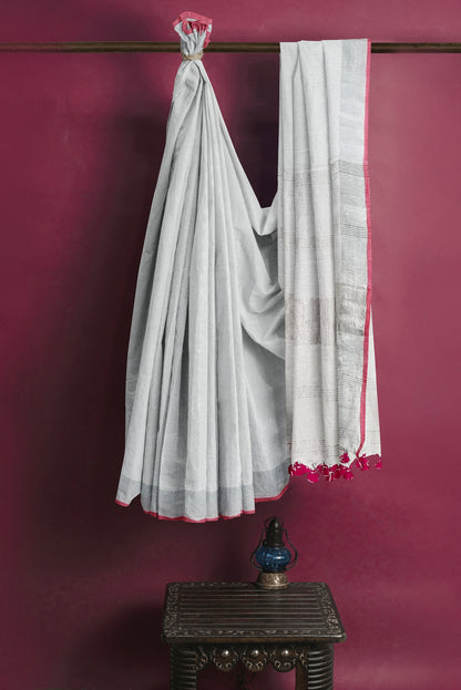 White & Silver Linen Handloom Saree – Moitreyee Collection