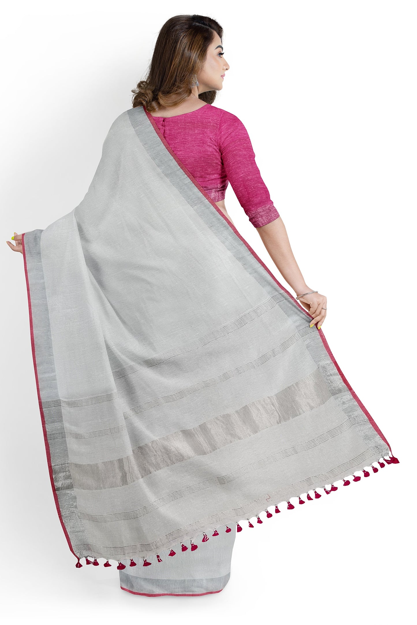White & Silver Linen Handloom Saree – Moitreyee Collection