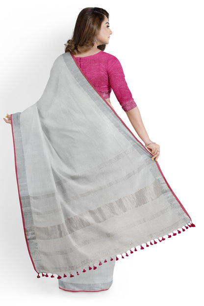 White & Silver Linen Handloom Saree – Moitreyee Collection
