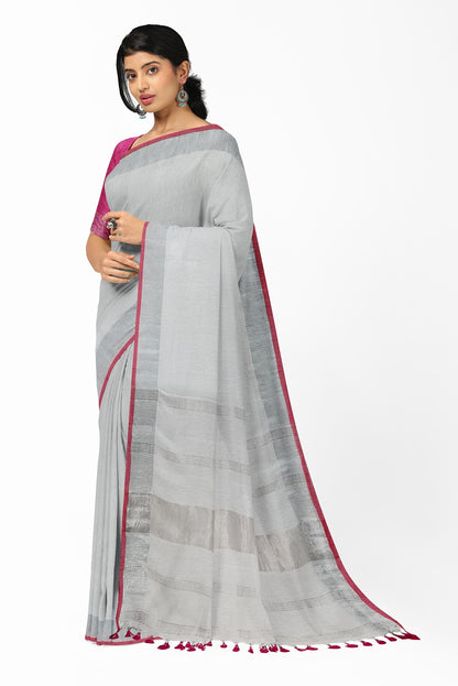 White & Silver Linen Handloom Saree – Moitreyee Collection