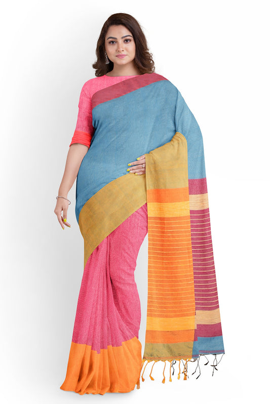 Moitreyee Maheshwari Design Blue and Pink Cotton Silk Handloom Saree