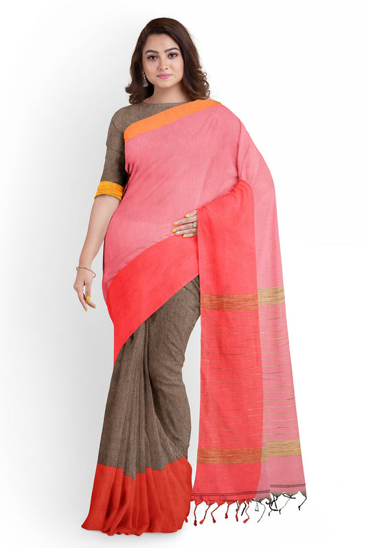 Moitreyee Maheshwari Design Brown and Pink Cotton Silk Handloom Saree
