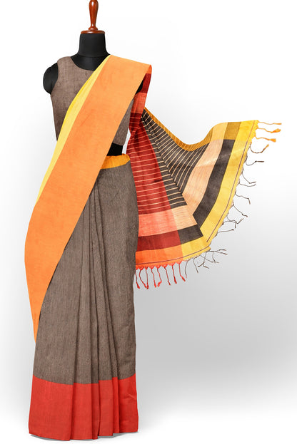 Moitreyee Maheshwari Design Brown and Yellow Cotton Silk Handloom Saree