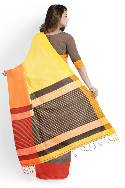 Moitreyee Maheshwari Design Brown and Yellow Cotton Silk Handloom Saree