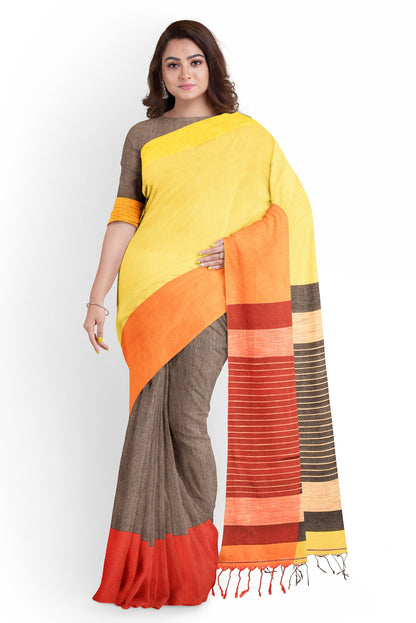 Moitreyee Maheshwari Design Brown and Yellow Cotton Silk Handloom Saree