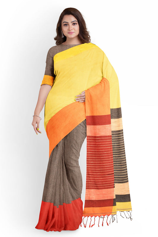 Moitreyee Maheshwari Design Brown and Yellow Cotton Silk Handloom Saree