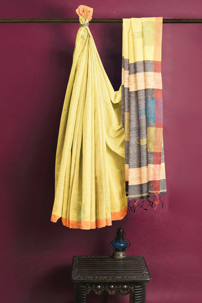 Moitreyee Ikkat Yellow Cotton Silk Handloom Saree