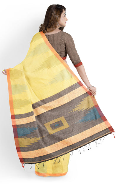 Moitreyee Ikkat Yellow Cotton Silk Handloom Saree
