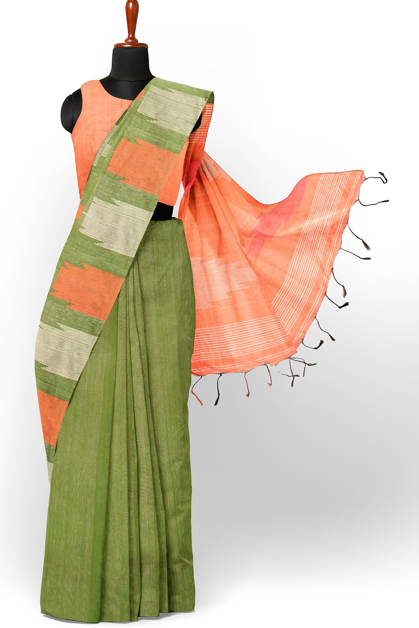 Moitreyee Ikkat Green and Orange Cotton Silk Handloom Saree