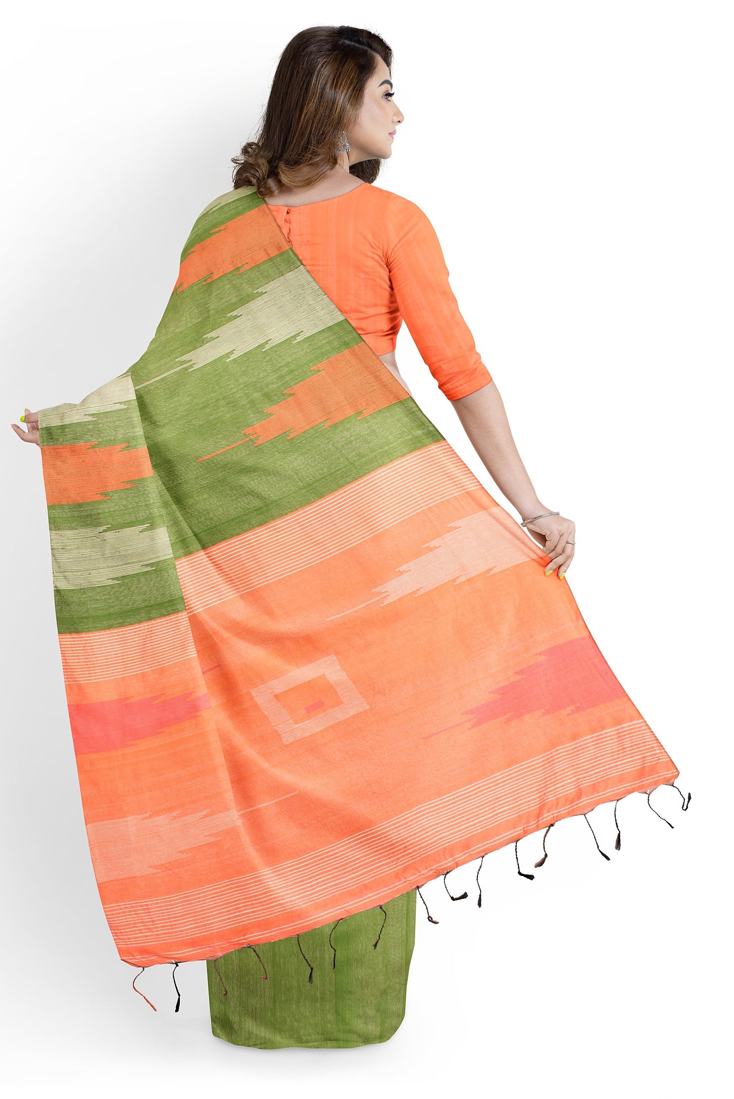 Moitreyee Ikkat Green and Orange Cotton Silk Handloom Saree