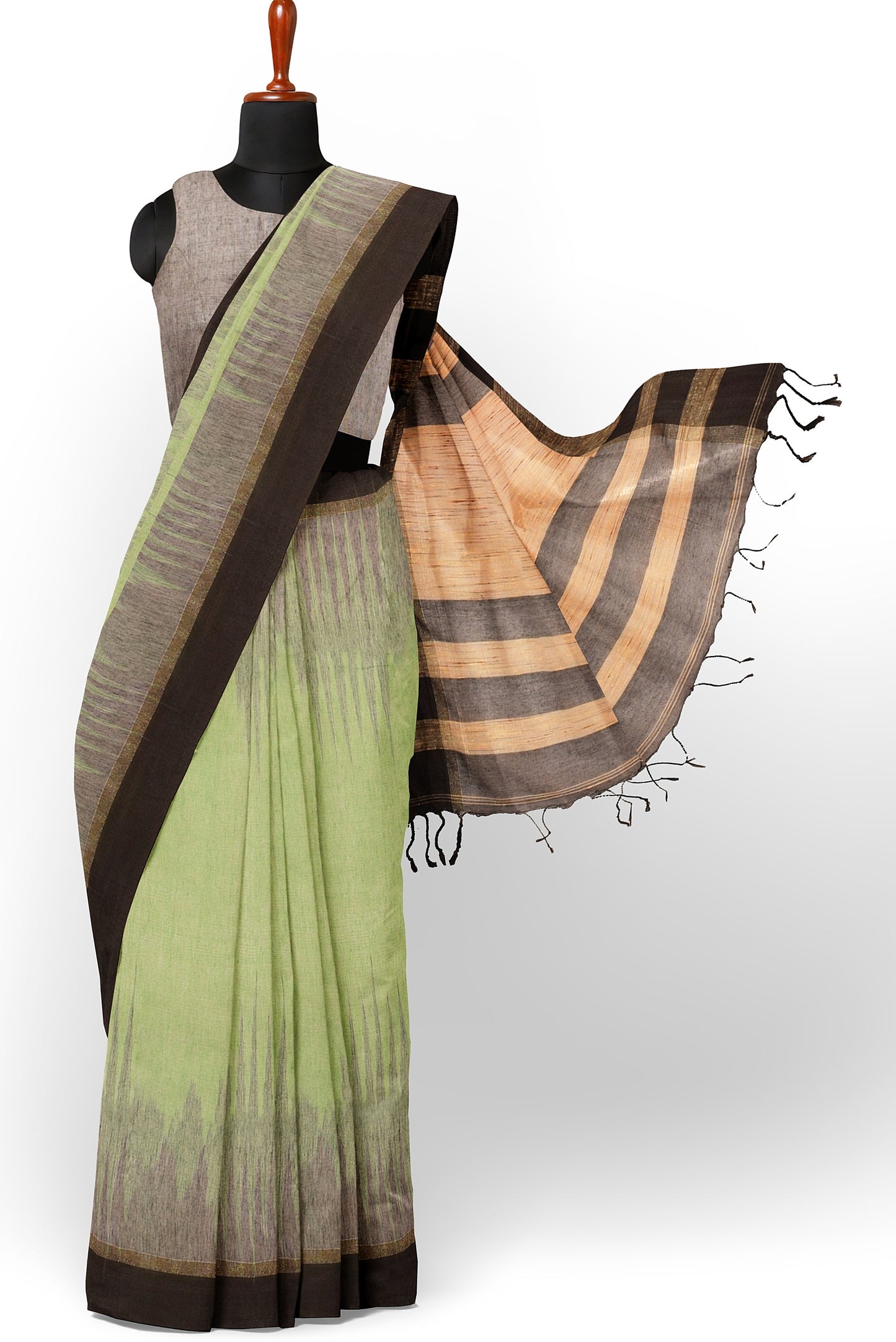 Moitreyee Cotton Ikkat Black and Green Handloom Saree