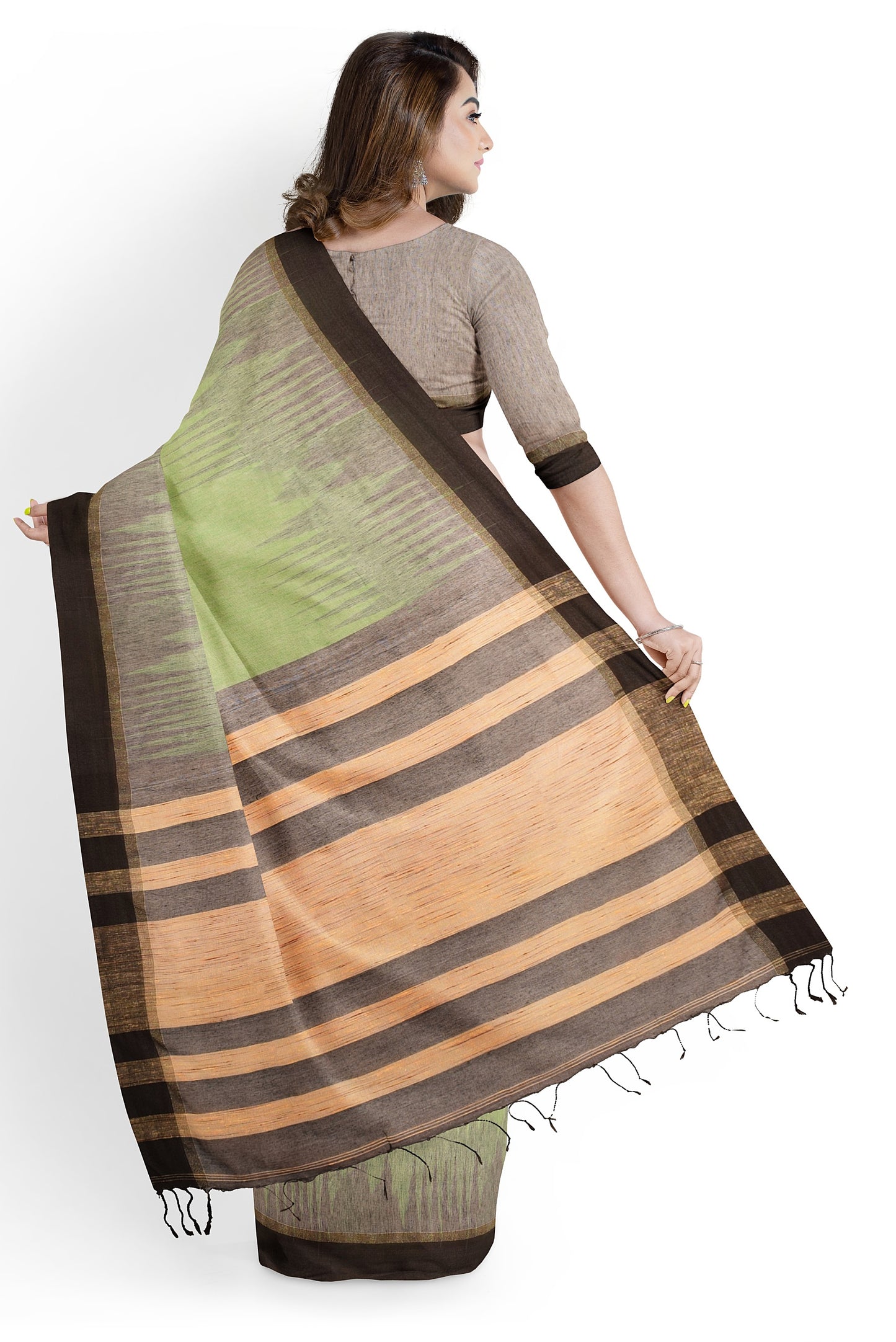 Moitreyee Cotton Ikkat Black and Green Handloom Saree