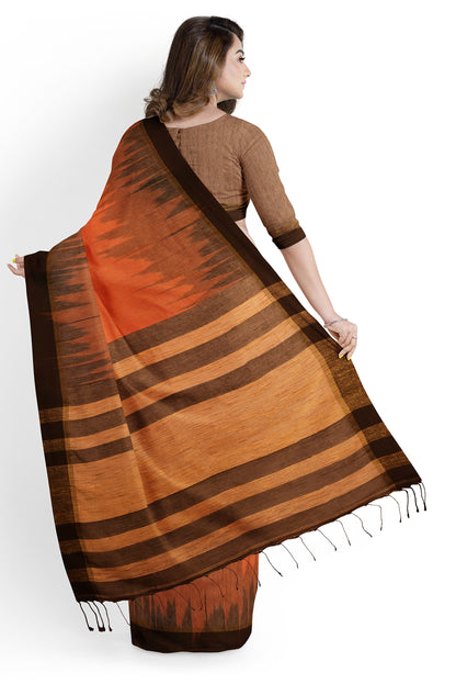 Black, Brown & Orange Cotton Ikkat Handloom Saree