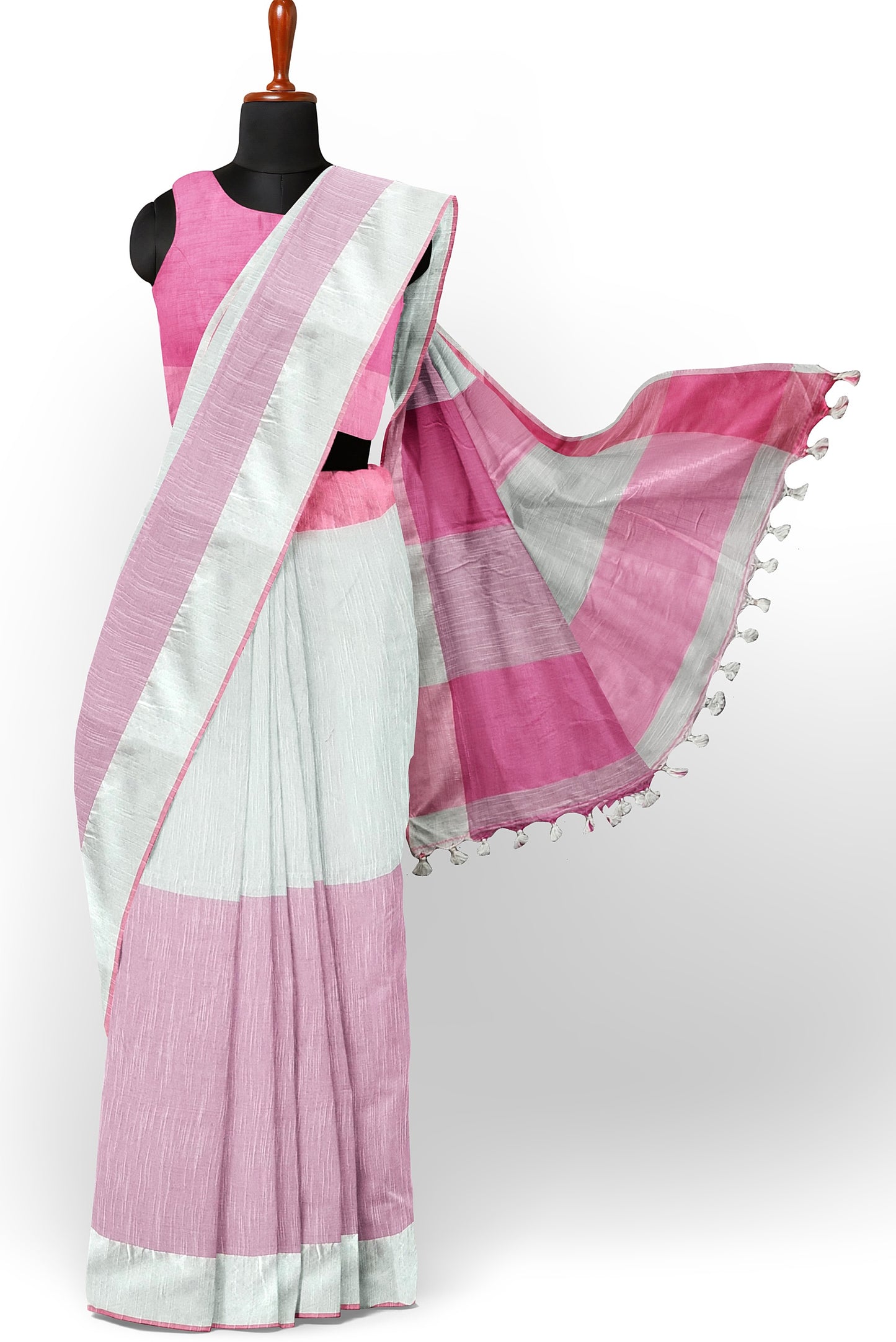 White & Pink Khadi Cotton Handloom Saree