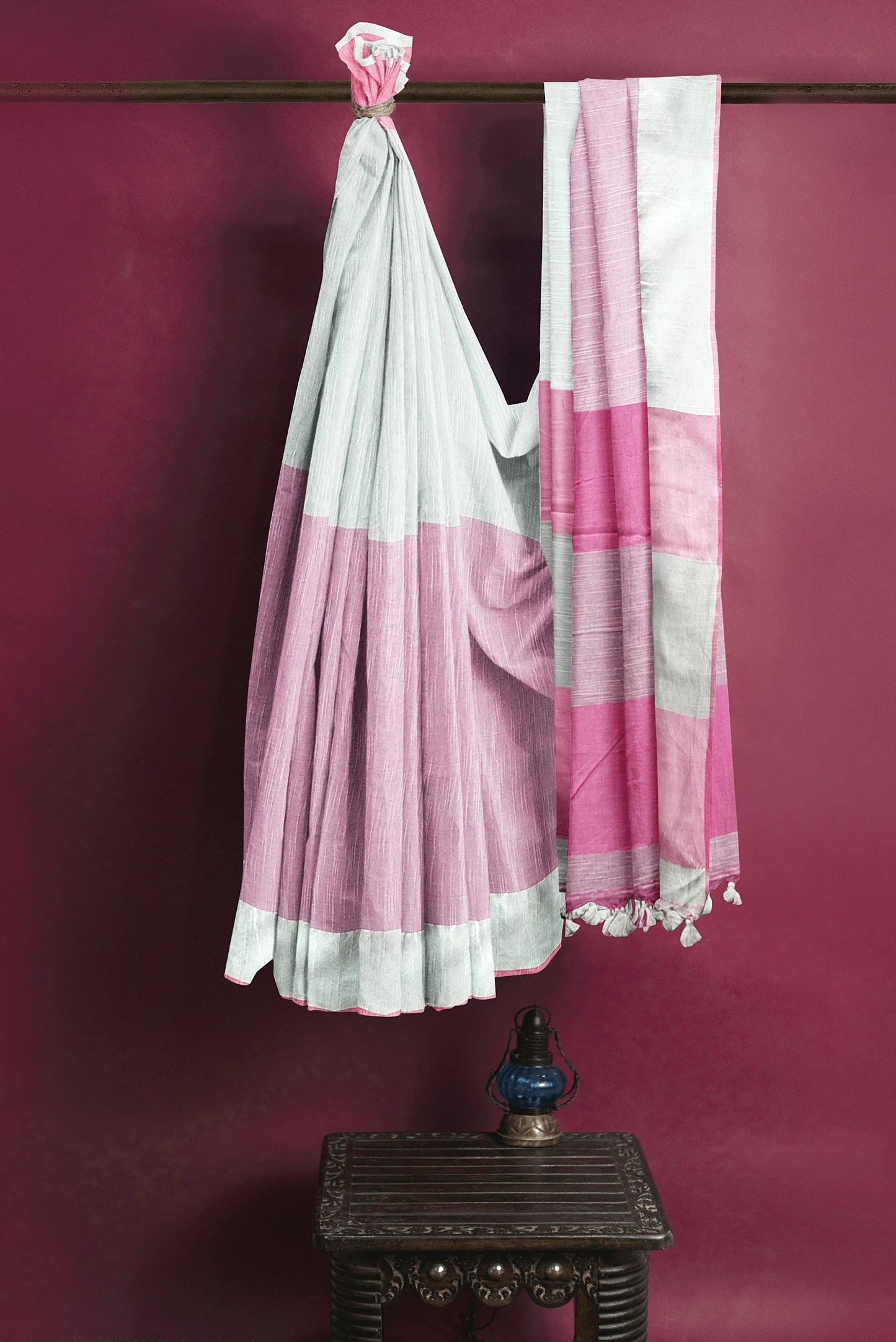 White & Pink Khadi Cotton Handloom Saree