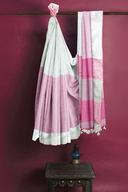 White & Pink Khadi Cotton Handloom Saree