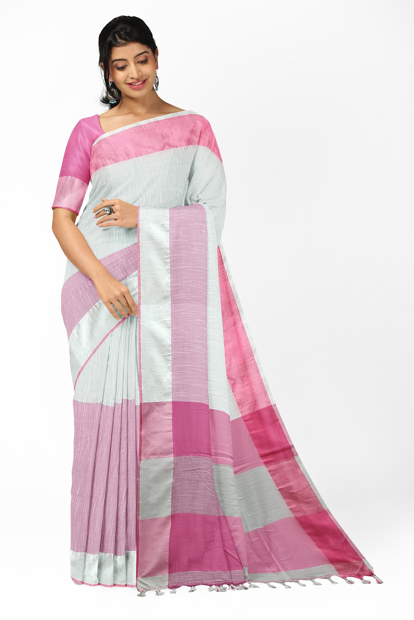 White & Pink Khadi Cotton Handloom Saree