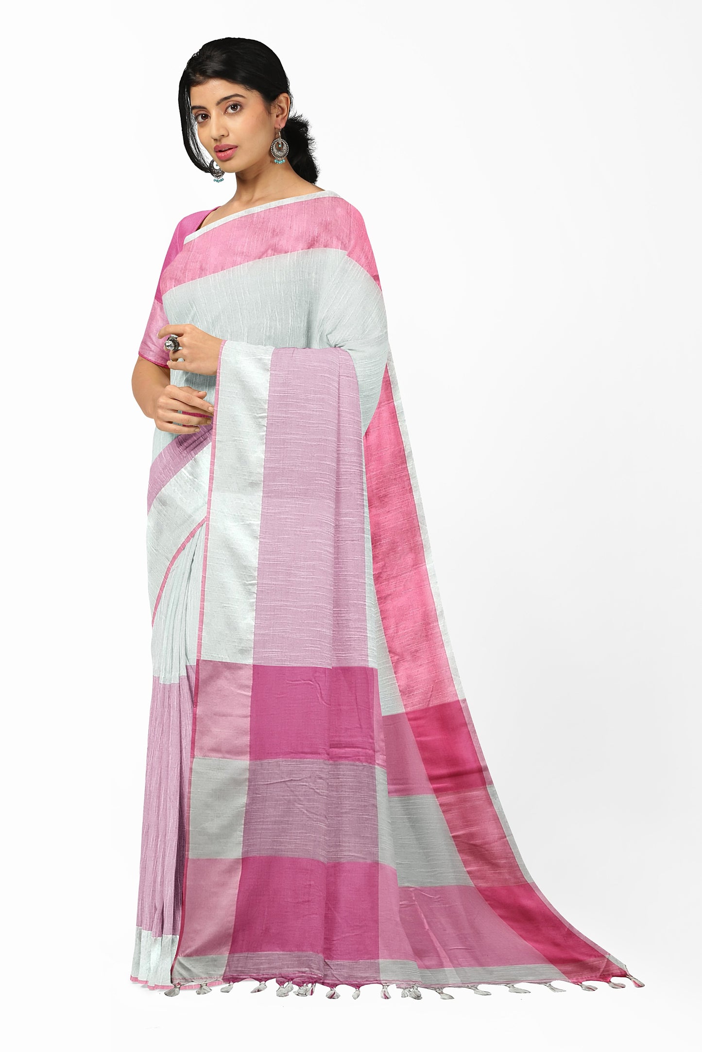 White & Pink Khadi Cotton Handloom Saree